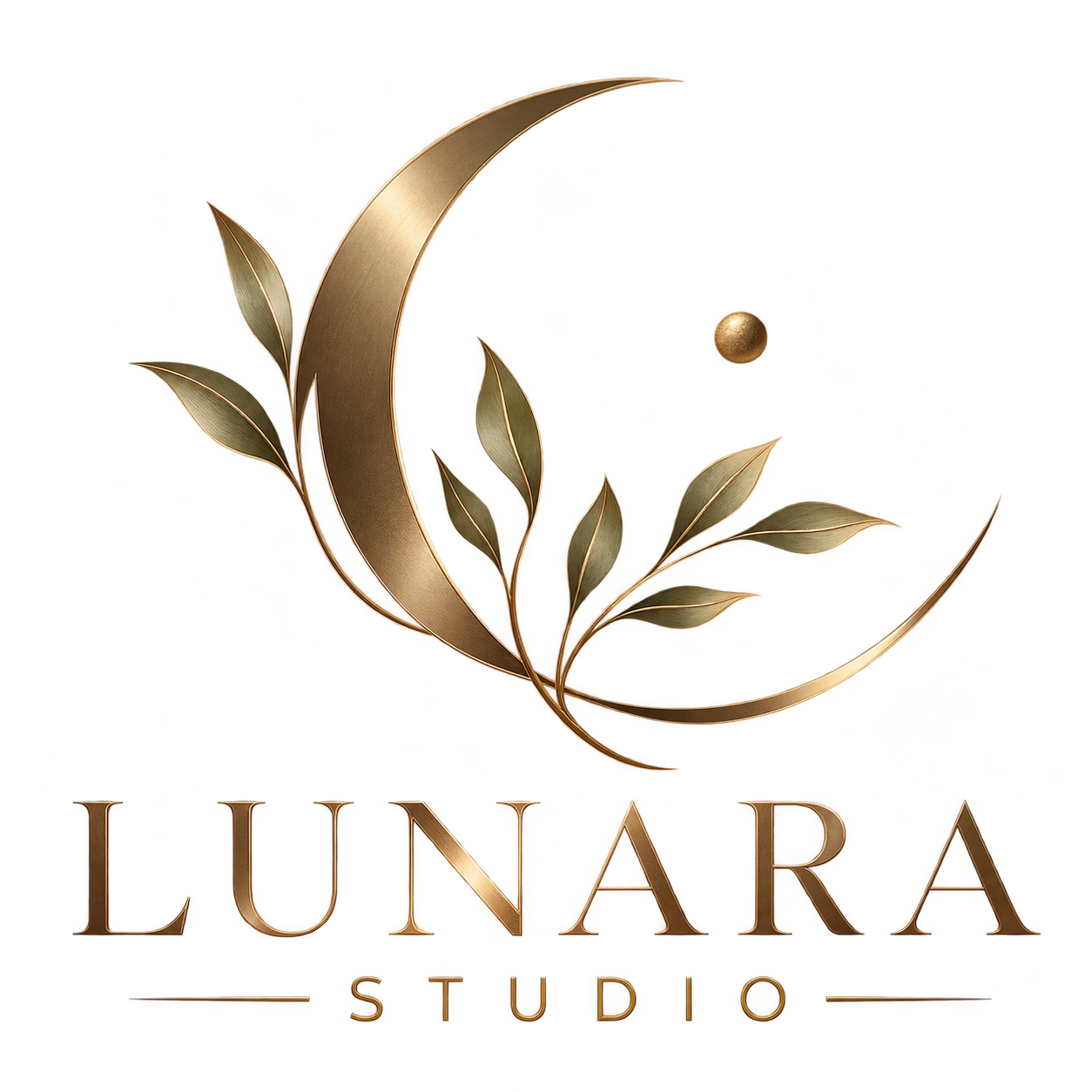 Marca Lunara Studio com lua e folhagens